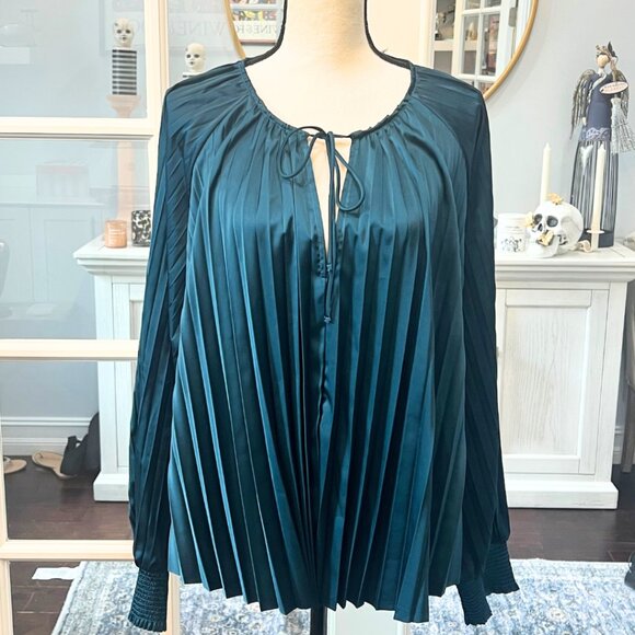 NWT Dear John Deep Teal Pleated Deletta Shirt Tie Front L XL - Picture 1 of 12